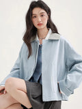 Blue Cargo Jacket Women Sweet Preppy Style Long Sleeve Retro Coat Casual Patchwork Turn Down Collar Korean Fall Outwear Top