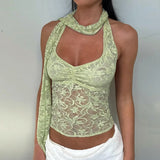 Lace Halter Neck Vest Women's Vacation Hot Girl Sexy Tanks Top Plunge Slim Sleeveless See Through Fashion Summer Camis