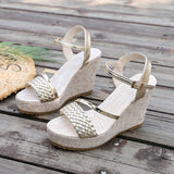 Pbong  Summer Women Woven Upper Wedge Sandals Ankle Strap Platform Open Toe Non-Slip Sole Beach Holiday Casual Walking Shoes