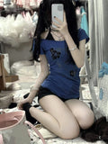 Harajuku Print Sexy Slim Dress Y2k American Vintage Short Sleeve Mini Dress Subculture 2000s Fake 2 Piece One Piece Dress Korean