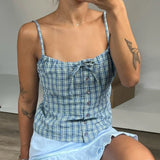 Y2k Fairy Clothes Plaid Print Sleeveless Camis 00s Aesthetic Front Button Tank Tops Women Girl Retro Backless Slim Fit Crop Tops