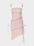 Sexy Strapless Ribbon Ruffles Women Dress Pink Backless High Elastic Dress Female Summer Skinny Hot Spil Party Clubwear