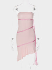 Sexy Strapless Ribbon Ruffles Women Dress Pink Backless High Elastic Dress Female Summer Skinny Hot Spil Party Clubwear