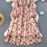 Pbong  Women Dress Spring and Autumn Fashion Print Floral Elastic Waist A-line Chiffon Dress Korean Beach Long Robe Femme