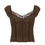 Lace-up Lace Patchwork Y2K Top Short Sleeve Summer Casual Cute Clothes Vintage Tank Tops Coquette T-shirt Women Tees