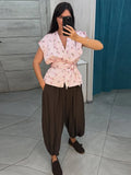 Pbong  Floral Print V Neck Wrap Tie Waist Sleeveless Waistcoat Top Tie Belt Spring Summer Commute  Lady Women Gentle  Outfit