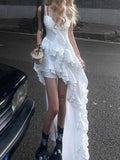 Pbong  Vestidos De Mujer Summer Dresses Women Fashion Sexy Slim Fit Sweet White Robe Femme Irregular Ruffles Lace Bodycon Dress