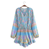 Pbong  Open Button V neck Flower Print Full Raglan Sleeve Bodysuits Women Elastic Bow Sashes Short Jumpsuits Romper Holiday