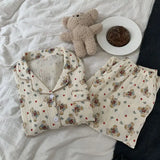 Cotton Comfort Sleepwear Casual Women Pajamas Spring Summer Cherry Print Cute Lapel Button Shirts And Pant Two Piece Sets 2024
