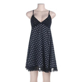 Pbong  Y2k Polka Dot Print V Neck Lace Patchwork Summer Sexy Slim Short Off Shoulder Fashion Dresses