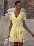 Trendix Yellow Elegant Dress Women Summer Sexy Deep V Neck Lace Up Short Sleeve Dresses Street Casual Vacation Ruffle Mini Dress