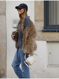 Women Fashion Thicken Short Faux Fur Jacket Chic V Neck Long Sleeved Plush Cardigan Coat Winter Elegant Female Warm Outerwear