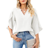 Pbong  Lady Casual Short Flare Sleeve V-Neck Loose Blouse TopsWomen Summer Style Chiffon Blouses Shirts