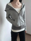 2000s American Streetwear Striped Hooded Sweatshirt Y2k Autumn New Slim Fit Short Cardigan Fashion Casual Long Sleeve Coat Women