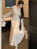 Elegant Lace Patchwork Knitted Dresses for Women Flare Sleeves Slim Mermaid Autumn Winter New Korean Fashion Vestidos Mujer