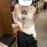 Y2k Printed Off Shoulder T-shirt Sweet Transparent White Long Sleeve T-Shirts Korean Fashion Casual Loose Tops Slim Up