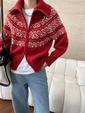 Fair Isle Zip Up Sweater Cardigan for Women Collared Zipper Front Knitted Jacket Autumn Winter Teen-girl Vintage Outfit