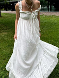 Pbong  Women White Long Dress Lace Trim Tie-up V Neck Sleeveless Ruffle Loose Tank Dress for Evening Party Club Bohemian Summer