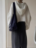 Grey Mohair Knit Hooded Sweater for Women Loose Bell-Sleeve Pullover Hoodie Female Autumn Winter Casual Chic Outfit