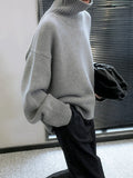 Lazy Wind Grey Turtleneck Sweaters Women Vintage Loose Knitted Pullovers Streetwear Retro Harajuku Long Sleeve Simple Tops