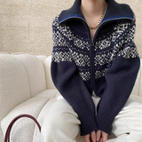 Women Fair Isle Sweater Zipper Front Collared Zip-up Sweater Knit Jacket Cozy Knitwear Teen-girl Fall Winter Vintage Outfit