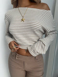 Pbong  Spring new asymmetrical loose casual shoulder striped long sleeved T-shirt top
