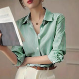 Pbong  Elegant Long Sleeve Loose Shirt Women  Autumn Fashion Turn-down Collar Striped Print Blouses And Tops