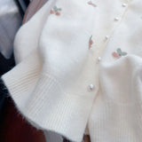 Pink Sweet Pearls Decorate Sweater Cardigan Woman Korean Fashion Print O Neck Knitwear Women Long Sleeve All Match Knitted Tops