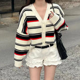 Striped Knit Cardigan Long Sleeve Button Down Boxy-fit Sweater Jacket for Women Teen-girl Korean Fashion Chic Fall Winter Outfit