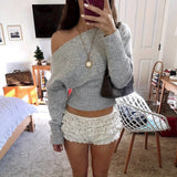 Pbong  New Autumn Winter Laid-back Style Loose Shoulder Design Knitted Top Women's High Waist Slimming Sweater Street Fashion