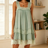 Pbong  Women Fairy Lace Mini Dress Y2k Floral Lace Trim Ruffle Short Dress Vintage Coquette Backless Mesh Babydoll Dresses