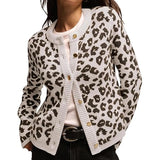 Pbong  Women Knitted Cardigan Autumn Long Sleeve Button Closure Casual Jacket Vintage Leopard Print Sweater Knitwear