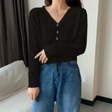 Women's Long Sleeve Cropped Cardigan V Neck Button Down Sweater Jacket Single Breasted Plain Fitted Knit Cardigan Basic Outfit