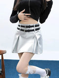 Pbong  Streetwear Sexy Y2K Pu Skirts Women Fashion High Waist Double Belt Mini Skirt Casual Fall Winter American A Line Skirts New
