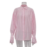 Casual Loose See-Through Shirts Women's Autumn Lapel Long Sleeve Patchwork Blouse Top Streetwear Female Solid Shirts Top