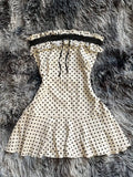 Pbong  Women Frill Trim Polka Dot Print Contrast Lace Strapless Mini Dress