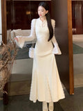 Elegant Lace Patchwork Knitted Dresses for Women Flare Sleeves Slim Mermaid Autumn Winter New Korean Fashion Vestidos Mujer