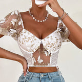 Pbong  Euramerican Elegant Exquisite Flower Embroidery Summer Shirts All Match Sexy See-through Mesh Tank Tops Y2k Side Cross Strap Tee
