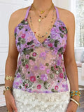 Pbong  Women Flower Sequined Tank Top Halter V Neck Backless Tie-up Camisole Fashion Sexy Club Vest Summer