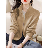 Women's Zip Up Sweater Cardigan Cozy Knit Stand Collar Zipper Front Plain Sweater Jacket Female Korean Chic Fall Winter Outfit
