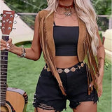 Pbong  Women Summer Y2K Vintage Boho Cowgirl Vest Tops Sleeveless Open Stitch Tassel Cardigan Beachwear Waistcoat Streetwear