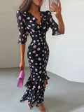 Pbong   Elegant Printed Laminated Women's Dress Slim Short Sleeve V-neck Waist-Closed Female Dresses Summer Autumn Party Lady New