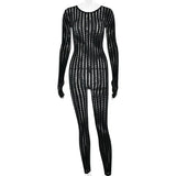Pbong  American Sexy Perspective Jumpsuit Women Fashionable Hollow Knitted Striped Long Sleeved Jumpsuit Bar Nightclub One Piece Pants
