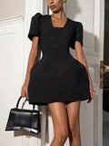 Pbong  Black Square Neck Puff Sleeve Mini Dress Waist Cinched Bubble Skirt Spring Women Elegant Party Gown  Fashion Retio Vestido