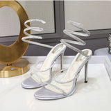 Pbong  Fashion Summer Snake Twine Around Crystal Women Sandals Luxury Rhinestones Thin High heels Gladiator Sandals  Party Prom Shoes