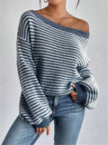 Long Sleeve Top Knitted Korean Fashion Fall Striped Pattern Sweaters Vintage Clothes Off Shoulder Tops Sexy Pullovers Knitwear