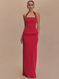 Backless Sexy 2 Piece Sets Women Solid Square Collar Halter Tops And Long Skirt Female Slim Fit Club Two Piece Sets