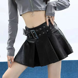 Leather Skirt Black Punk Women Sexy Pleated Grunge Vintage Mini Skirt Y2k Gothic Streetwear A-line Ladies Retro Skirts