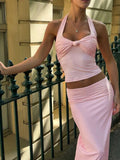 Sexy Women 2 Piece Set Halter Solid Pleated Knot Backless Y2K Tank Tops+Skirts Vacation Party Elegant Matching Suits