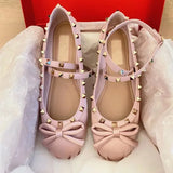 Pbong  V family riveted satin ballet shoes female new bow French single shoes flat bottom Mary Jane princess shoes